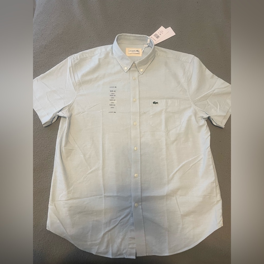 NWT and Packaging, Lacoste Men's Light Blue Short Sleeve Shirt- Size Large (42)